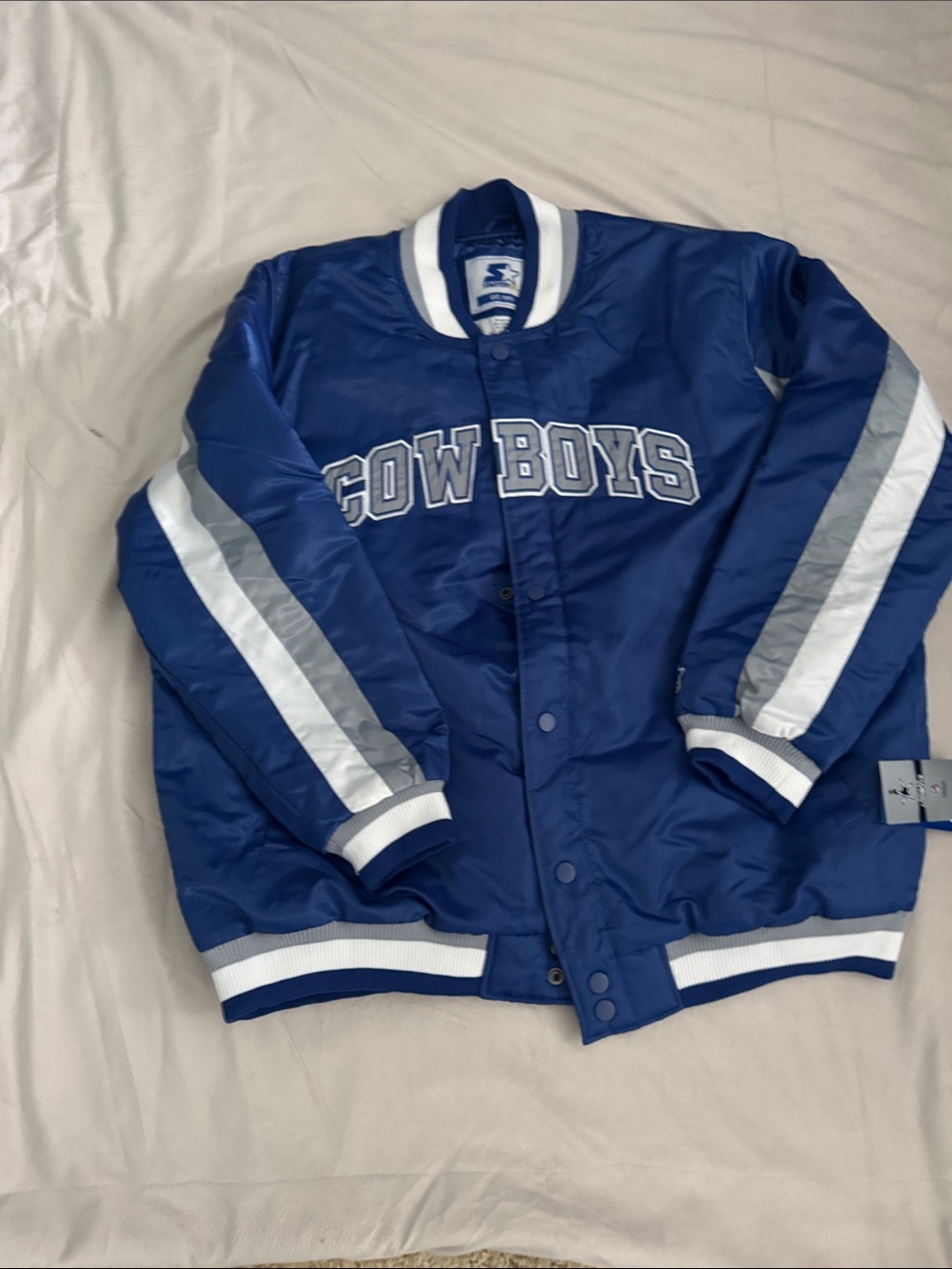 STARTER Royal Blue Cowboys Satin Bomber Jacket with White & Gray Stripes